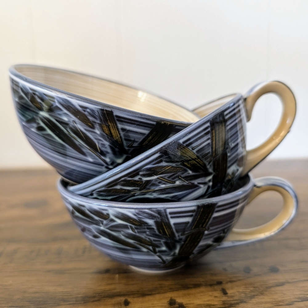 Vintage SAJI Bamboo Stone Wear Tea Cup Made in Japan Hand Painted Blue Brown